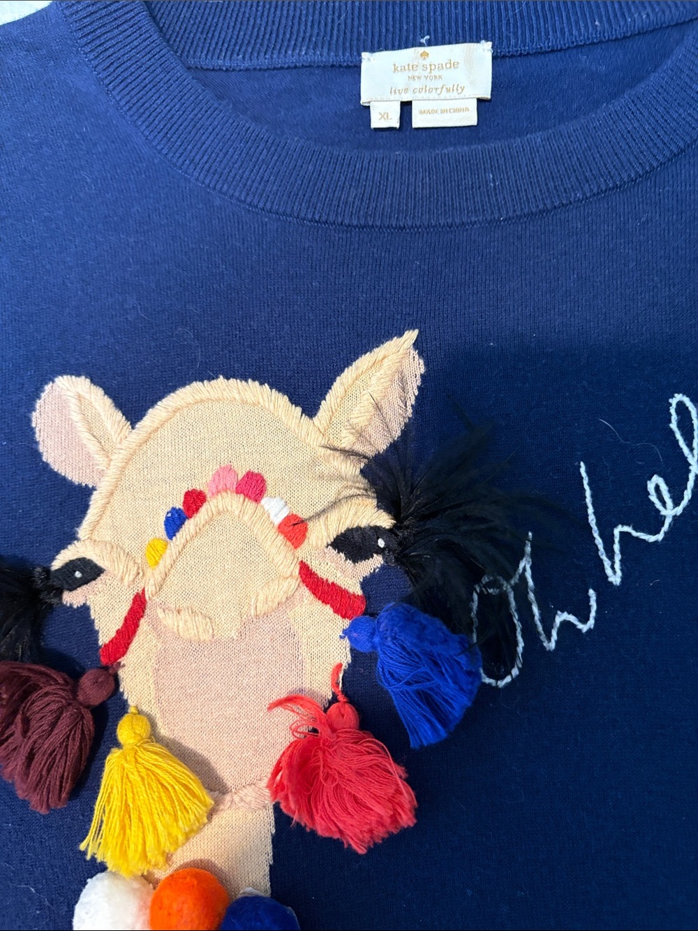 kate spade Navy Sweater with Colorful Embroidered Camel and Tassels
